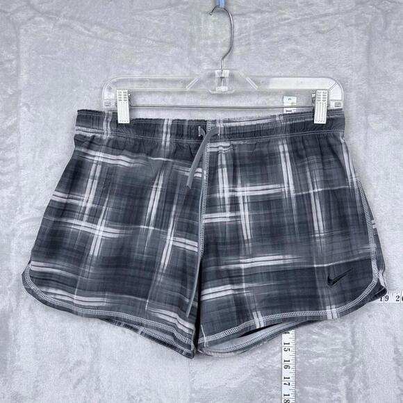 Nike Dri-FIT Plaid Running Shorts Women M Gray White Stretch Build In Tight Gym - Picture 1 of 9